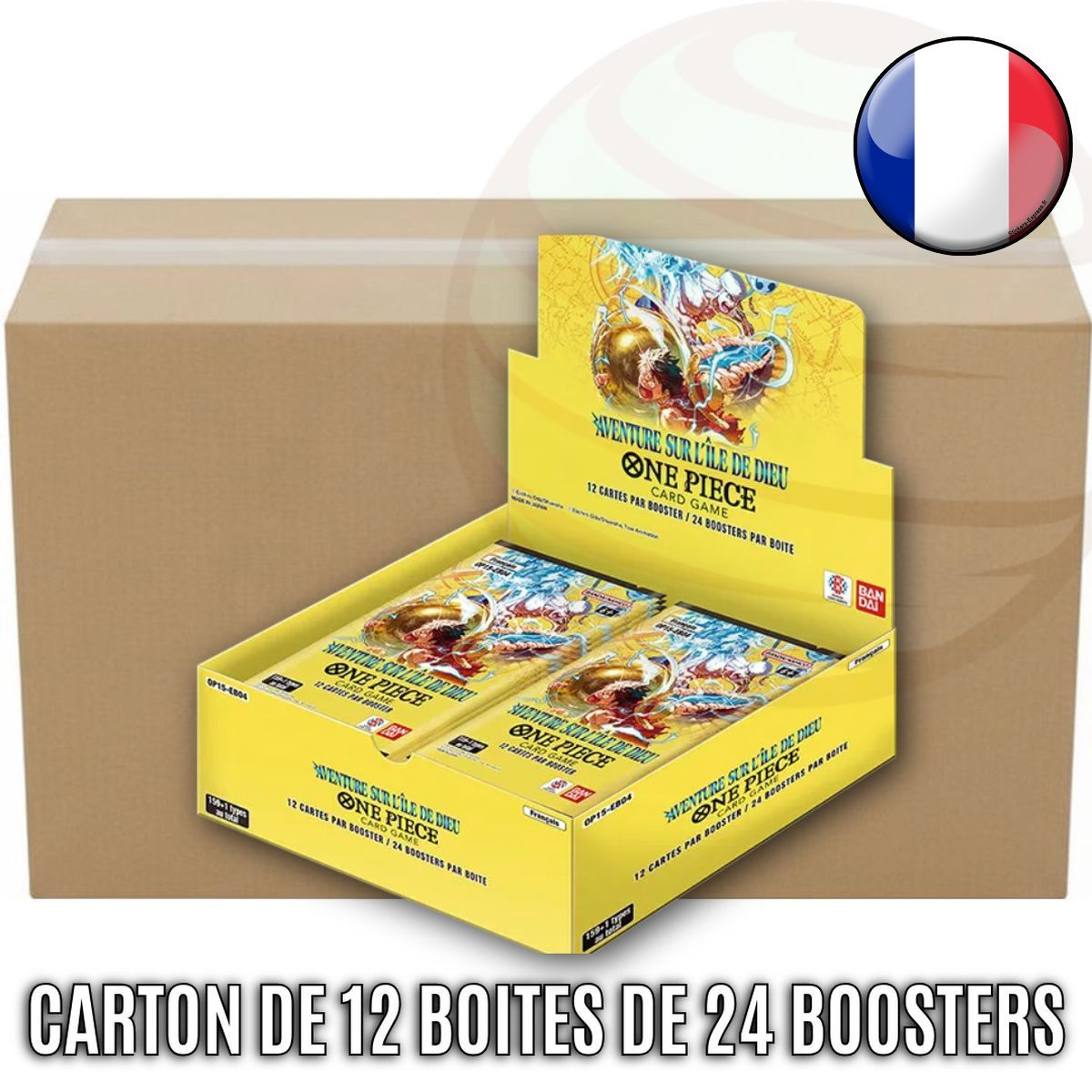 Karton mit 12 Schachteln à 24 Boosterpacks – OP15~EB04 „Abenteuer auf Gottes Insel“ – One Piece CG – OP-15 EB-04 – FR