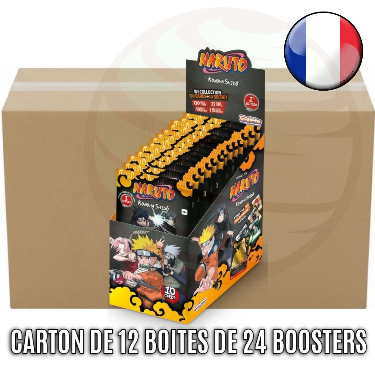 Karton mit 12 Schachteln à 24 Boosterpacks – Konoha Shido – Naruto Mythos TCG – 1. Auflage – FR