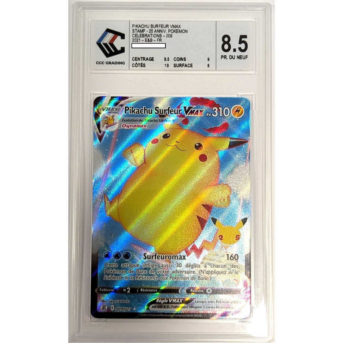 [CCC 8.5 - Pr. du Neuf] - Bewertete Karte - Surfer Pikachu VMAX 009/025 - Schwert & Schild: Celebrations - 2021 - Pokémon - Französisch