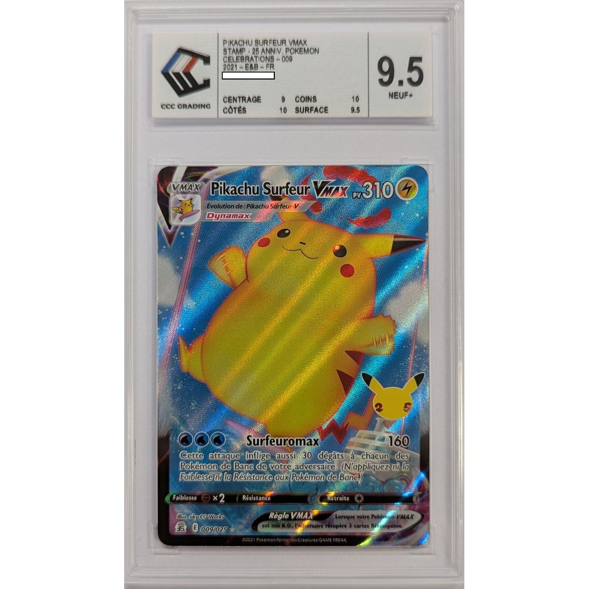 [CCC 9.5 - Mint+] - Bewertete Karte - Surfer Pikachu VMAX 009/025 - Schwert & Schild: Celebrations - 2021 - Pokémon - Französisch