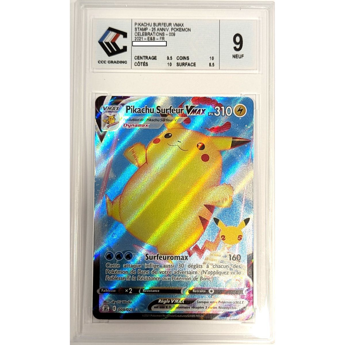 [CCC 9 - Neu] - Bewertete Karte - Surfer Pikachu VMAX 009/025 - Schwert & Schild: Celebrations - 2021 - Pokémon - Französisch