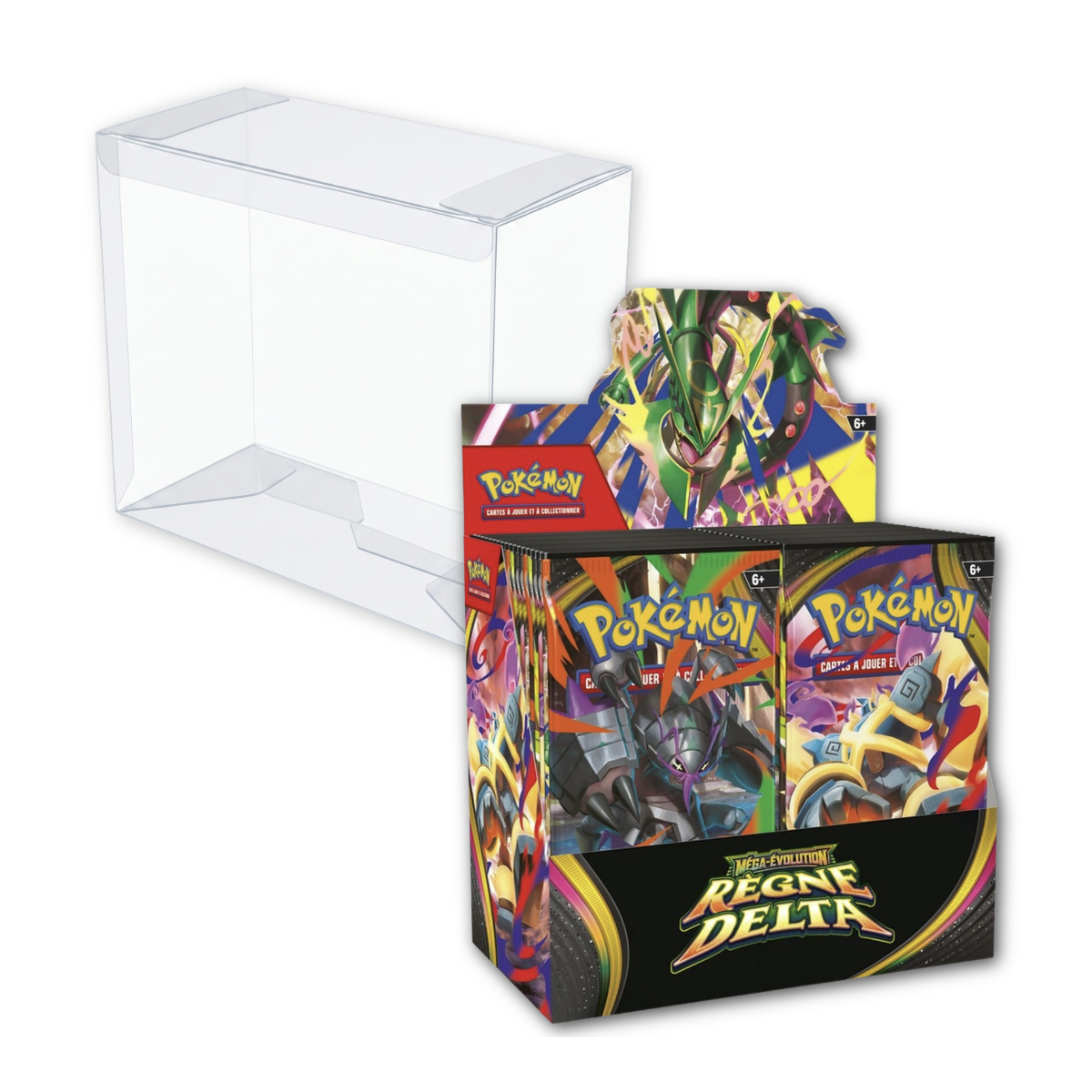 Konvolut – 1 Box mit 36 Boostern – Mega-Evolution: Delta Kingdom [ME06] + 1 halbstarre Pokémon-Displayschutzhülle aus Kunststoff