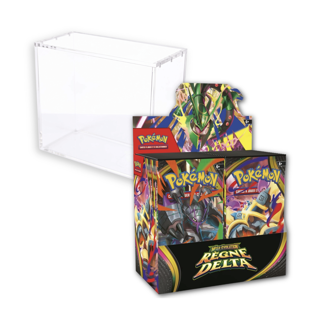 Konvolut – 1 Box mit 36 Boostern – Mega Evolution: Delta Kingdom [ME06] + 1 Plexiglas-Displaybox/Boosterbox Pokémon Phoenix Shield