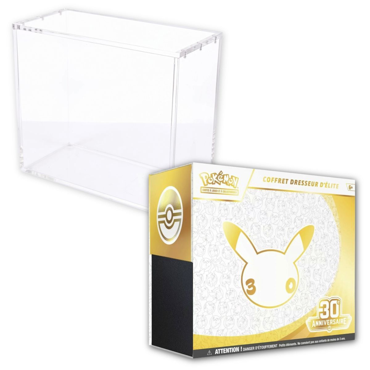 Konvolut – 1 ETB Mega Evolution: 30th Anniversary [ME05.5] + 1 ETB Phoenix Shield Plexiglas-Vitrine