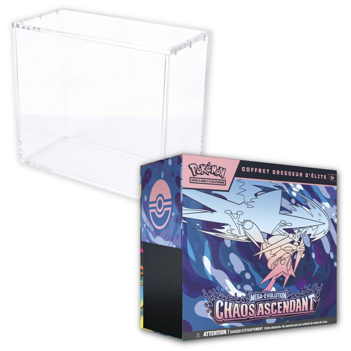 Losnummer – 1 ETB Mega Evolution: Chaos Rising [ME04] + 1 ETB Phoenix Shield Plexiglas-Vitrine