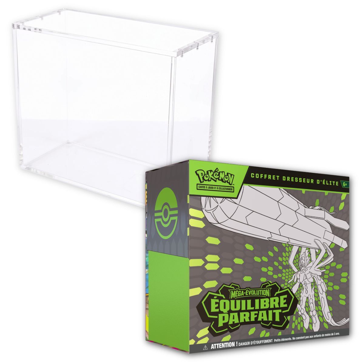 Losnummer – 1 ETB Mega Evolution: Perfect Balance [ME03] + 1 ETB Phoenix Shield Plexiglas-Vitrine