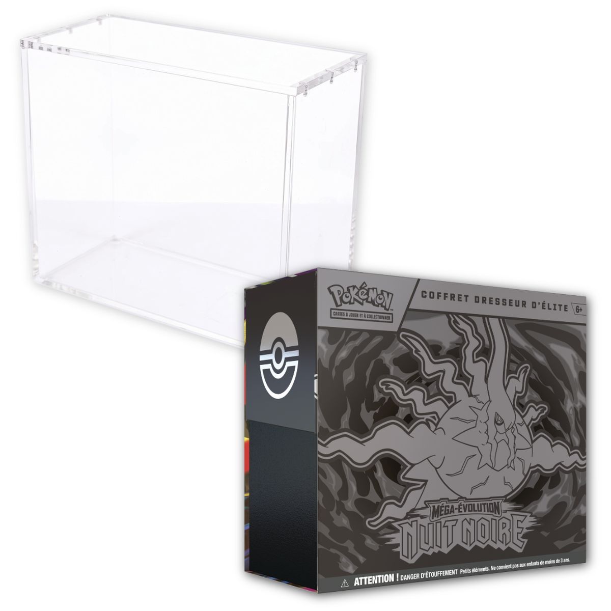 Losnummer – 1 ETB Mega Evolution: Darkest Hour [ME05] + 1 ETB Phoenix Shield Plexiglas-Vitrine
