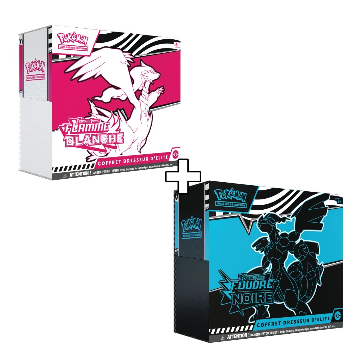 photo Set mit 2 ETB Elite Trainer Boxen – Scharlachrot und Lila – Schwarzer Blitz & Weiße Flamme [SV10.5][EV10.5] – Pokémon – FR