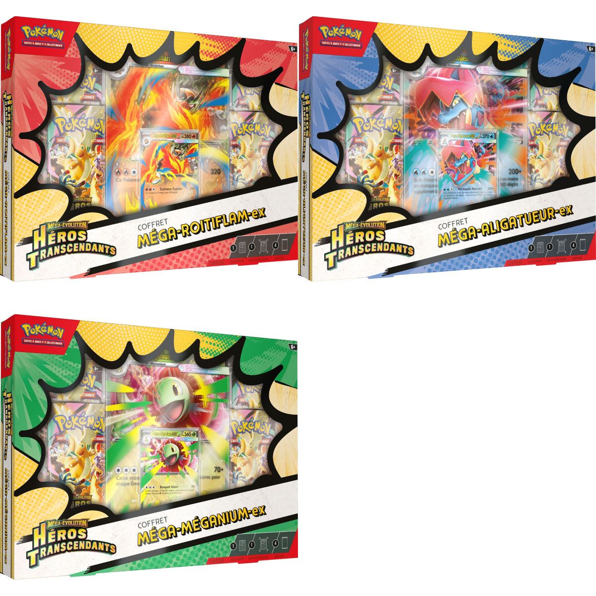3er-Pack mit 4 Boosterboxen – Mega Meganium-ex/Mega Emboar-ex/Mega Feraligatr-ex – Mega-Entwicklung – Transzendente Helden [ME02.5][ASC] – Pokémon – FR