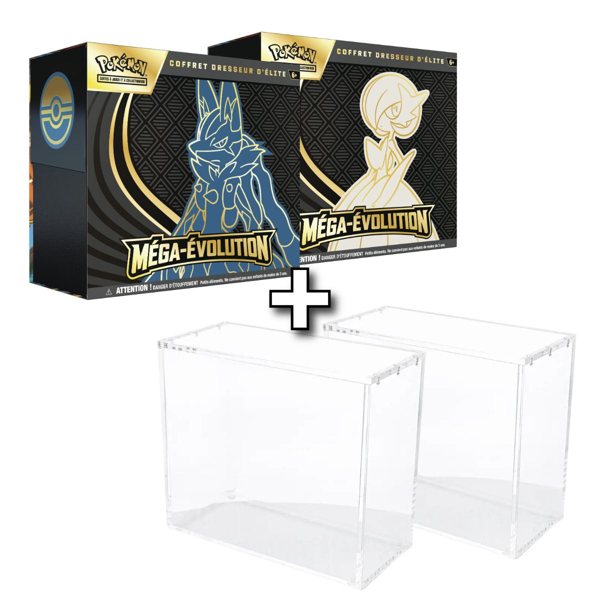 2er-Pack Mega-Entwicklung: 2 ETB (Mega-Guardevoir + Mega-Lucario) [ME01] + 2 Phönixschild-Plexiglas-Vitrinen