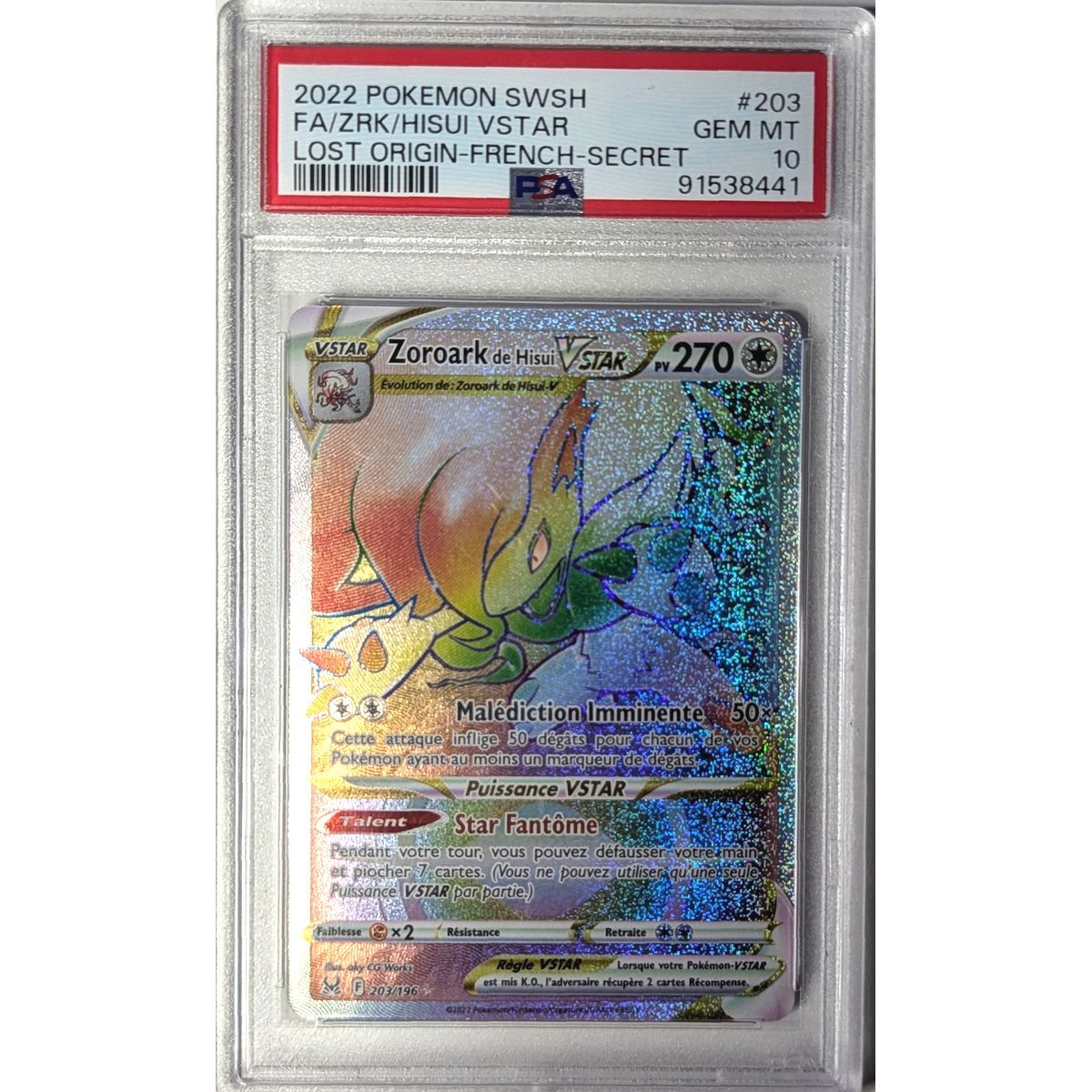 [PSA 10 – Neuwertig] – Bewertete Karte – Zoroark von Hisui VSTAR 203/196 – Schwert & Schild: Verlorene Ursprünge – 2022 – Pokémon – Französisch