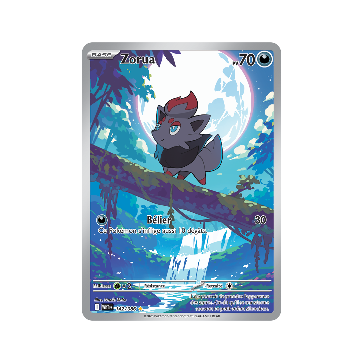 Zorua – Seltene Illustration 142/86 – Scharlachrot und Violett 10,5 Weiße Flamme