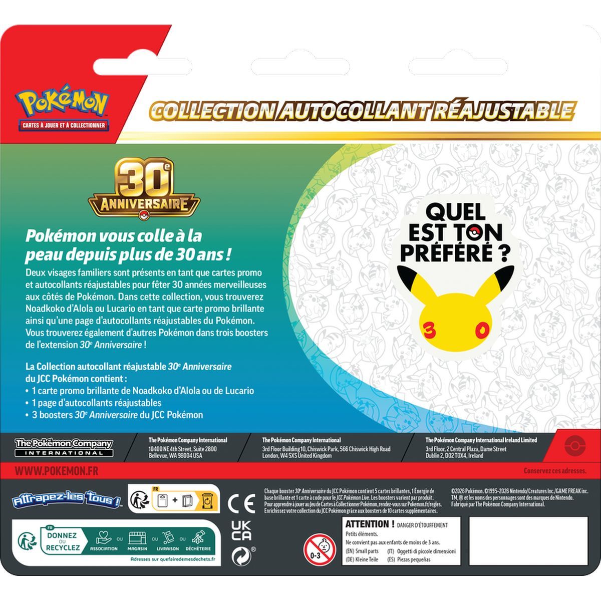 Dreierpack-Sticker-Nachfüllpackung – 3 Booster – Alola-Kokowei/Lucario – 30. Jubiläum [ME05.5][30C] – Pokémon – FR